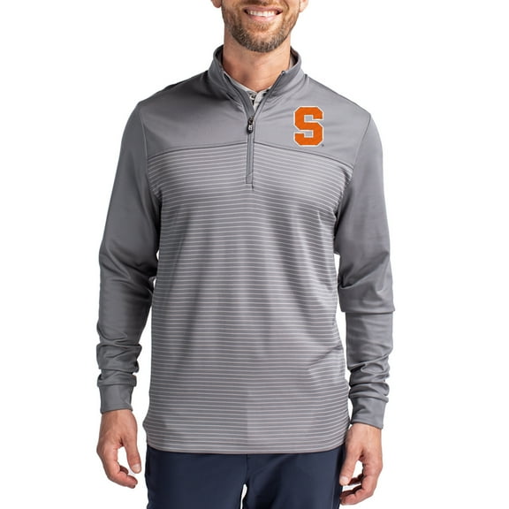 Men's-Cutter & Buck Gray Syracuse Orange Traverse Stretch Eco Stripe DryTec Tri-Blend Quarter-Zip Pullover