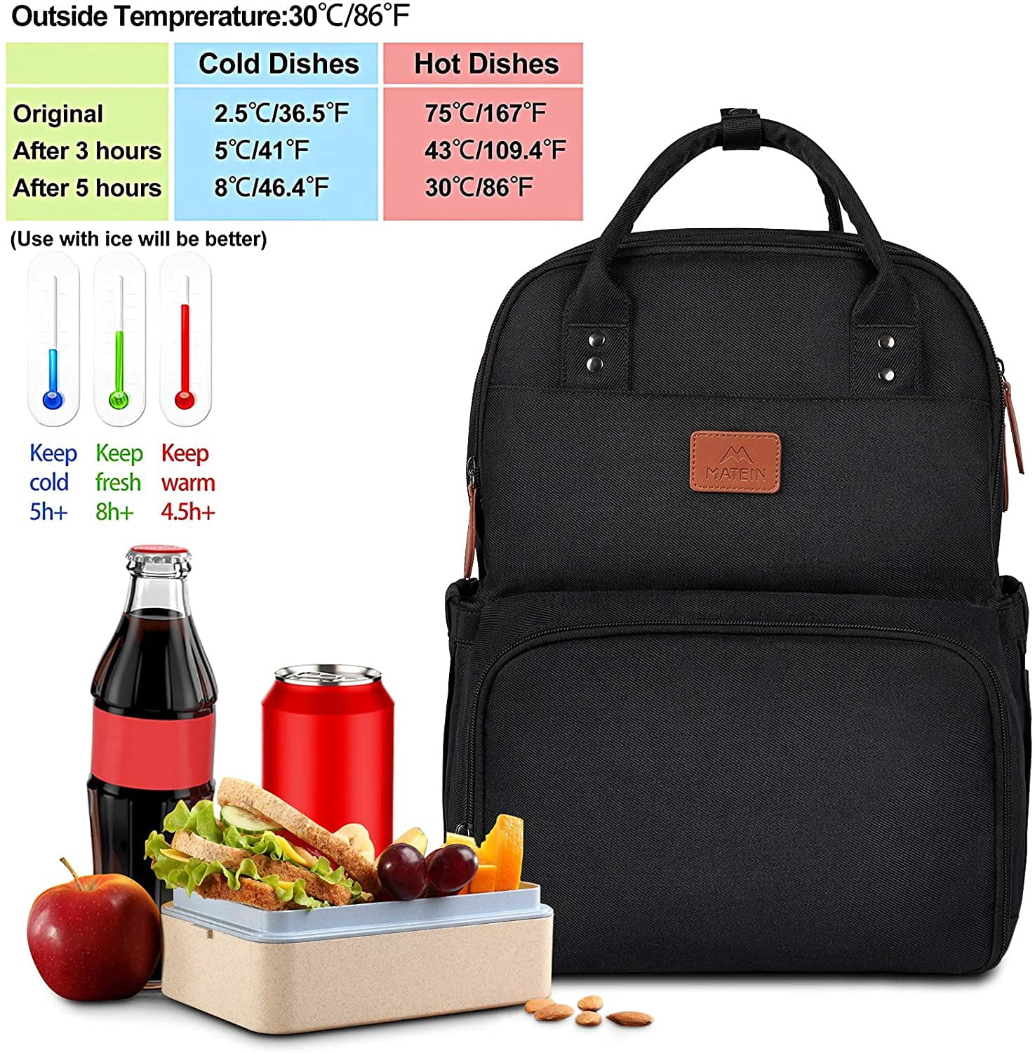Matein 15.6in Laptop Backpack, Insulated Cooler Work Backpacks with Lunch Box for Men Women, Black