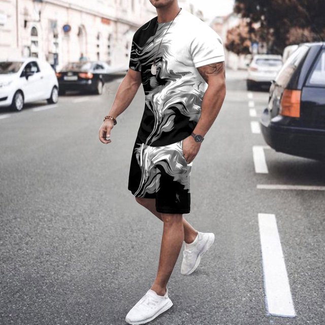 Men's Suit Category - All-Over Print Short Sleeve Tee and Quarter Pants Two-Piece Set for Men