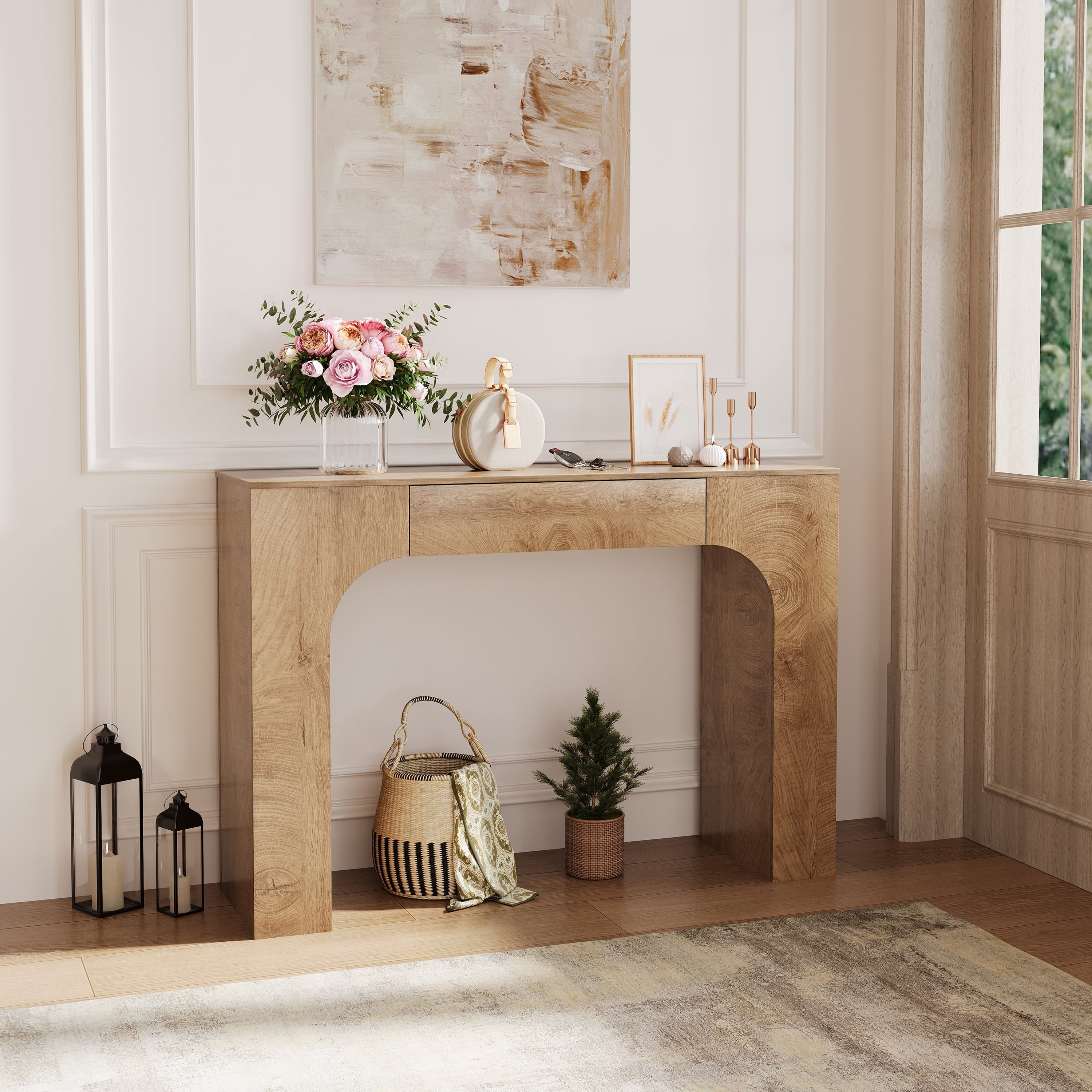 47" Long Console Table with Drawer, Narrow Entryway Table with Anti-Tipping Kit, Farmhouse Walnut Sofa Table for Hallway, Living Room, TV Stand, Chate Annual‑Ring Oak