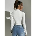 thumbnail image 6 of Women Long Sleeve Crop Tops Mock Turtle-Neck Tops Zip Up Crop Top for Women Fitted Cropped Shirts Trendy White M, 6 of 7