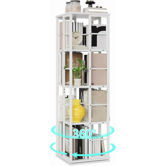 IDEALHOUSE White 4-Tier Rotating Bookcase, 360° Display Tower, Vertical Storage Organizer for Living Room, Bedroom, Apartment