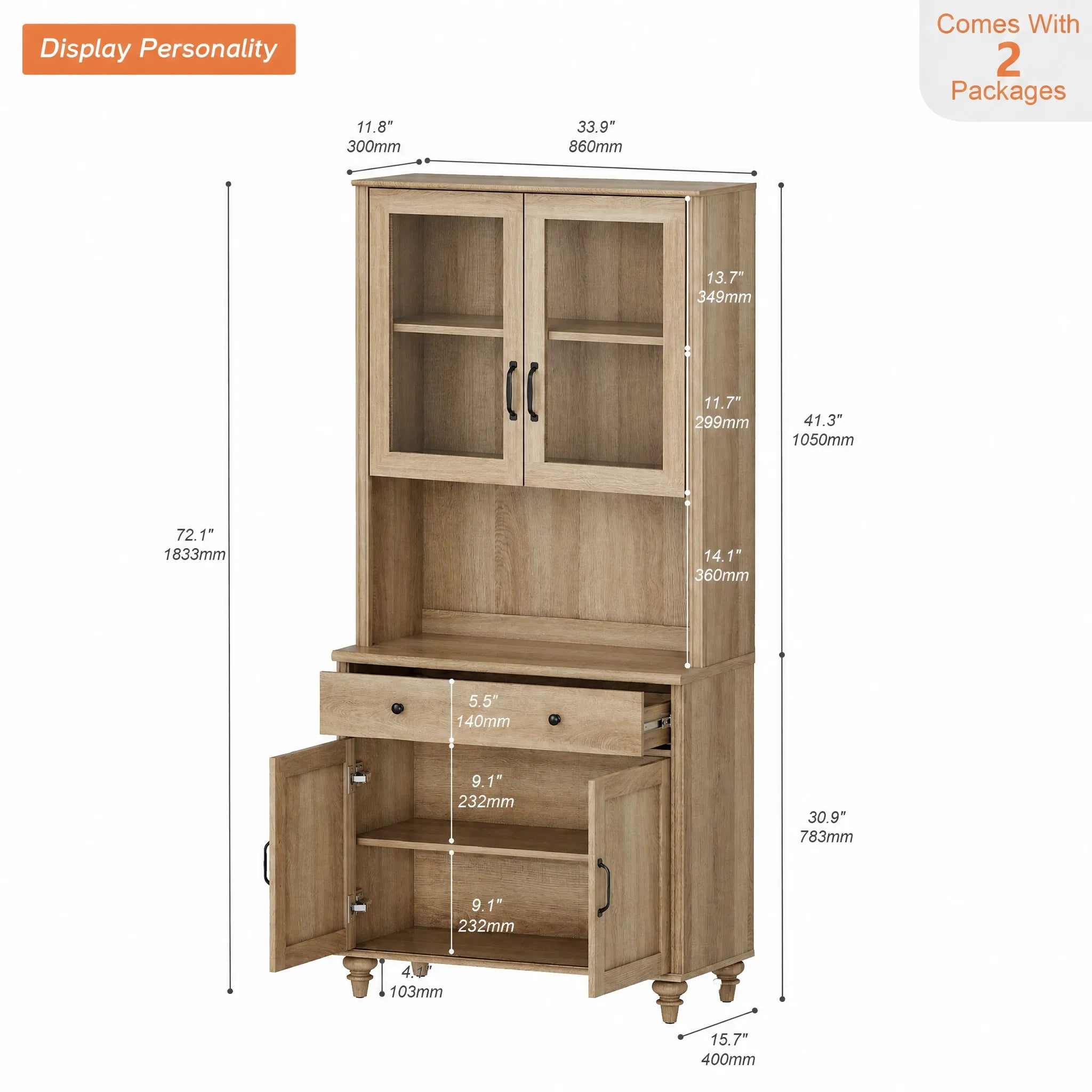 Sideboard Buffet Cabinet with Storage, Large Bookcase, Bookshelf with Storage Cabinet, Farmhouse Library Wooden Bookshelves for Living Room, Office, Study Room, Kitchen, Oak, 72" H