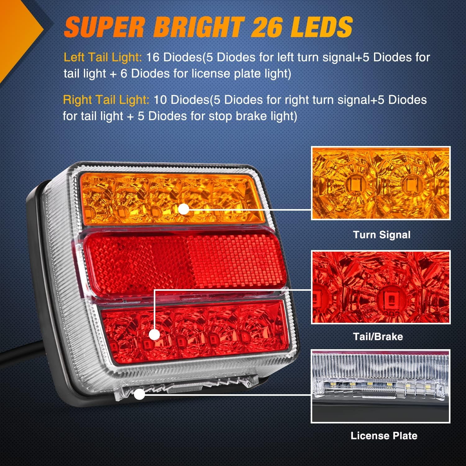 Nilight Magnetic LED Trailer Towing Light Kit 24ft Cable with 7 Pin Plug Tail Stop Amber Turn Signal License Plate Light on 12V RV Pickup Trucks Marine Boats Trailers, 2 Year Warranty (5 Wire System)