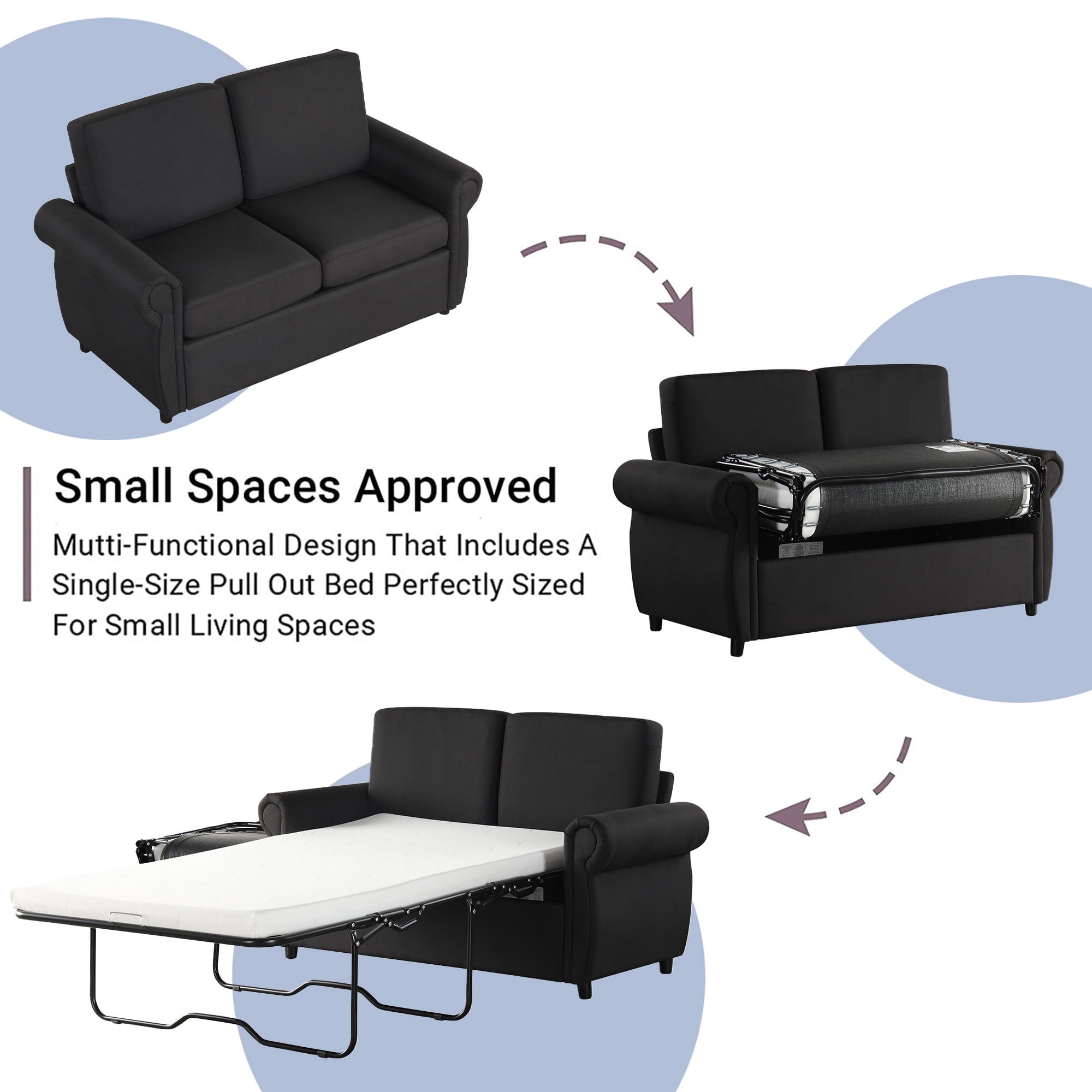 Harper & Bright Designs Pull Out Couch Bed with Memory Mattress, Twin Size Convertible Sofa Bed with USB Ports, Loveseat Sleeper for Living Room Apartment, Black