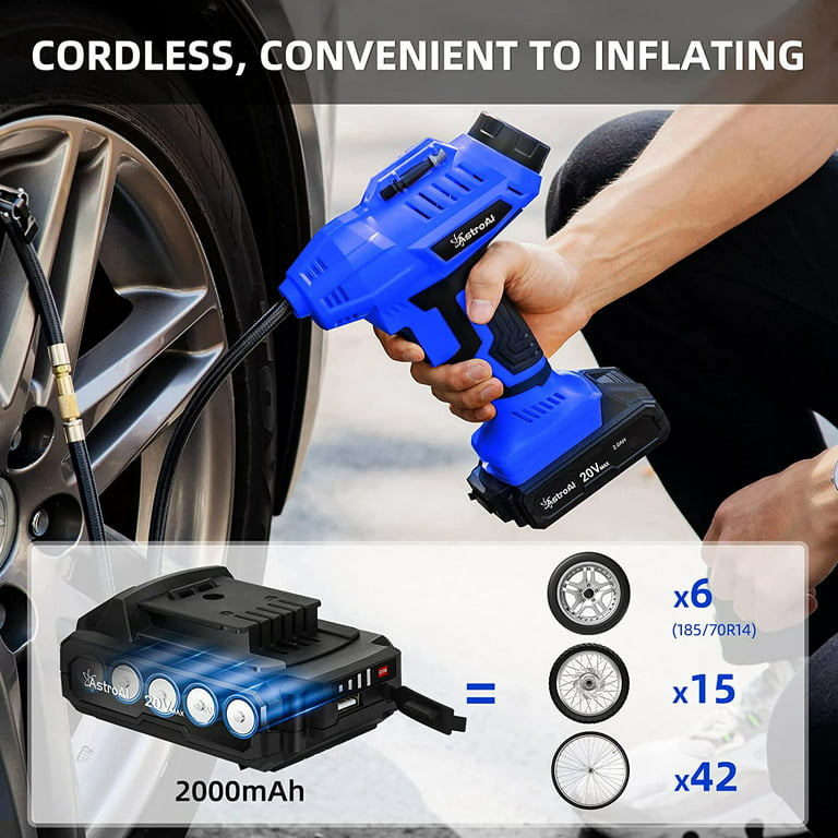 AstroAI Cordless Tire Inflator Air Compressor 20V Rechargeable Battery  Powered 160PSI Portable Handheld Air Pump with 12V Car Power Adapter  Digital