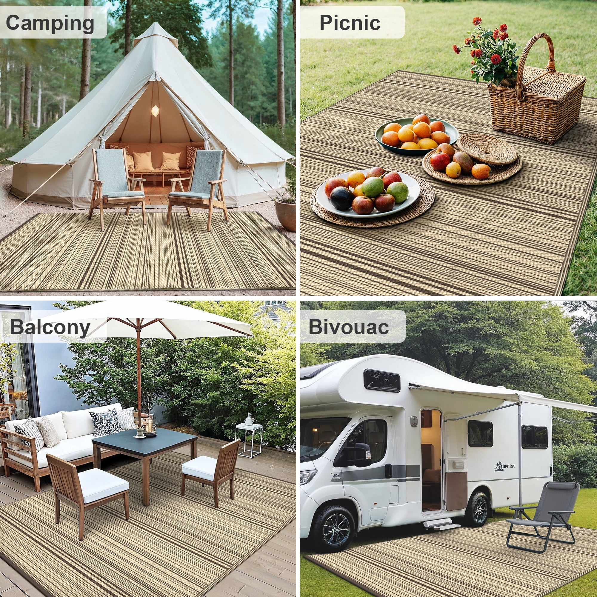 KUETH 5'x 8' Outdoor Waterproof Rug Camping Mat Patio Carpet,COFFEE&BEIGE