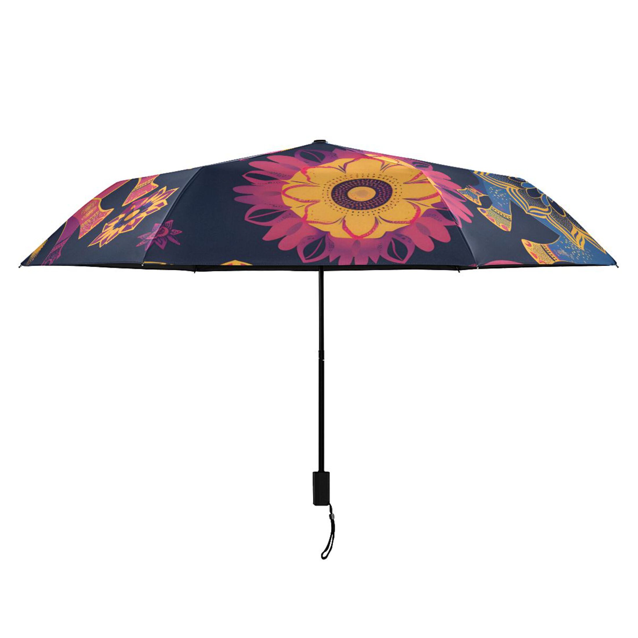 Asian Pattern with Elephants All Weather Umbrella Triple Folding Parasol 6 Ribs UV Protection Portable