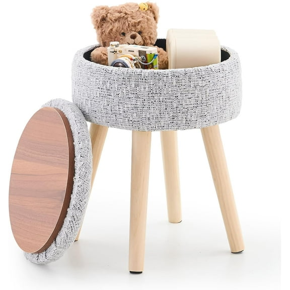 Storage Ottoman Velvet Round Vanity Stool Tray Top Modern Foot Stool with Wood Legs Multifunctional Upholstered Foot Ottoman Rest for Living Room, Bathroom