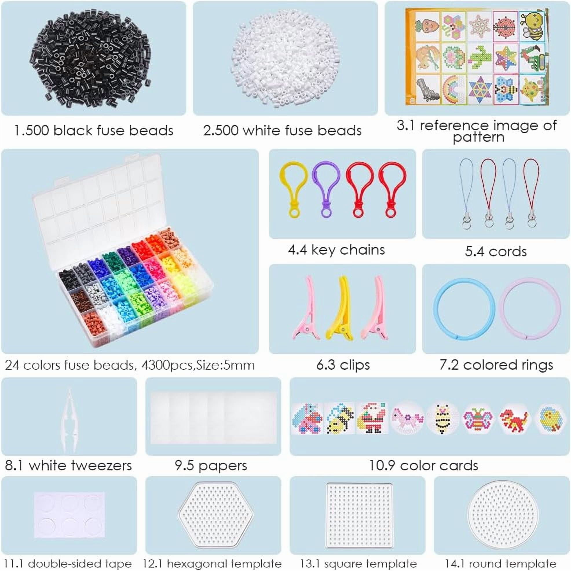1 Box 24 Colors 4300Pcs Beads Kit 5mm Melting Beads with Pegboards Ironing Paper Chain Accessories 1000Pcs Black and White Beads Refills for DIY Crafts Christmas Birthday Gifts DIY