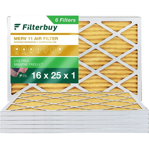 Filterbuy 16x25x1 MERV 11 Filtres à Air Plissés HVAC AC Four (6-Pack)