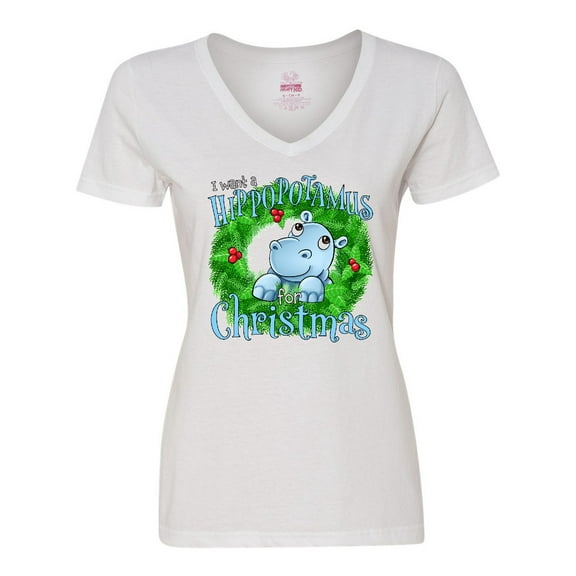 Inktastic I want a Hippopotamus for Christmas Women's V-Neck T-Shirt