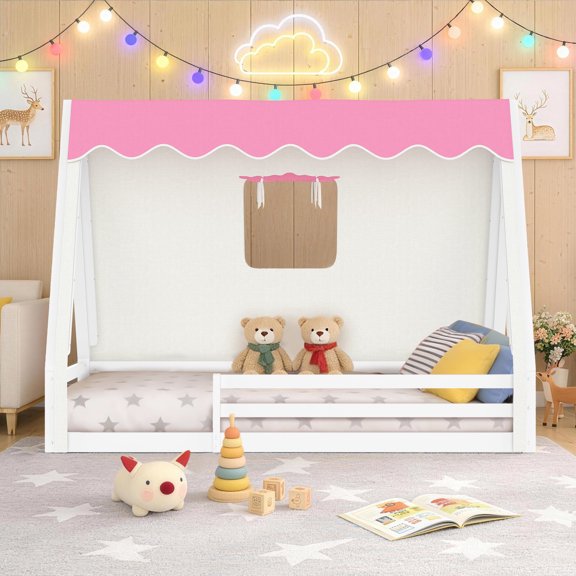 UHOMEPRO Twin Size Floor Bed Frame, Solid Wood Teepee Bed with Tent, LED Light, Guardrails, Montessori and Childlike Design Bed Frame for Girls/Boys, Pink