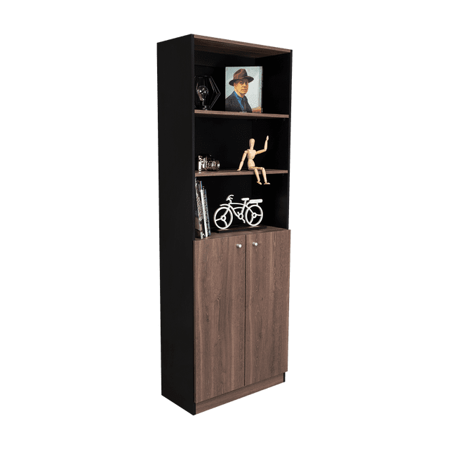 Librero Home Wengue con Cinco Entrepaños y Dos Puertas Abatibles Virtual Muebles