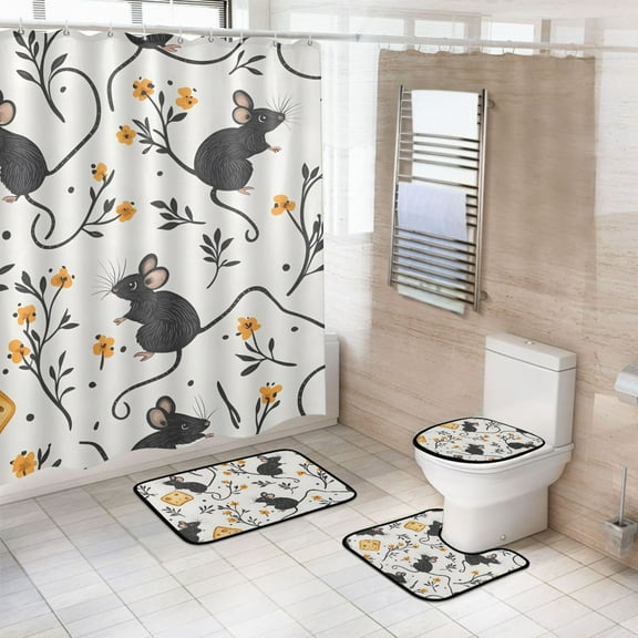 Ryvnso 4 Pcs Cute Mouse Rat Bathroom Shower Curtain Set with 12 Hooks Bath Mat Toilet Lid Cover