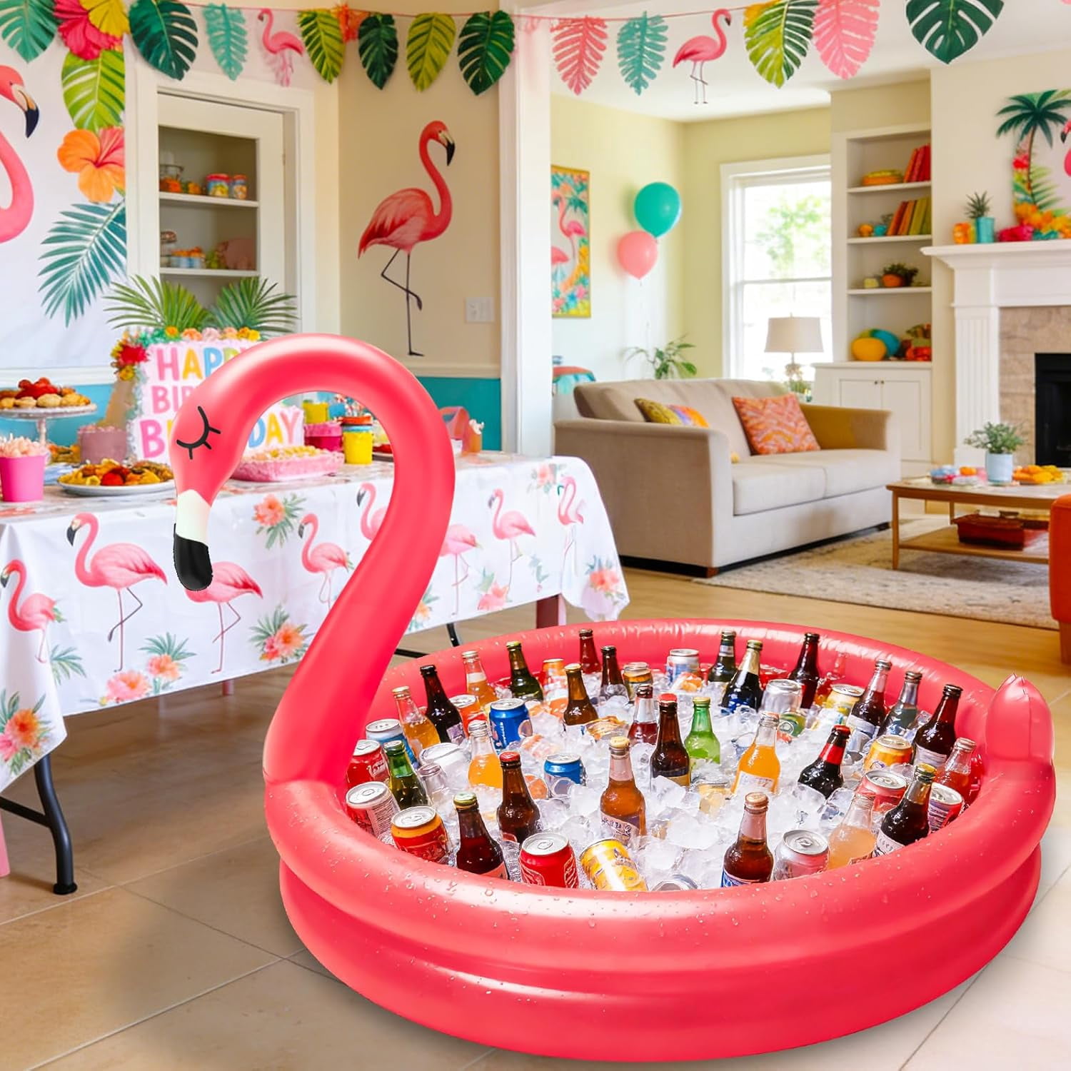 DEA Inflatable Flamingo Cooler 130+Cans Large Capacity, Bottom Quick-Drain,Luau Party Decor,Flamingo Pool Party Decorations, Beach Hawaiian Birthday Party Supplies Tropical Themed Summer Drink Cooler