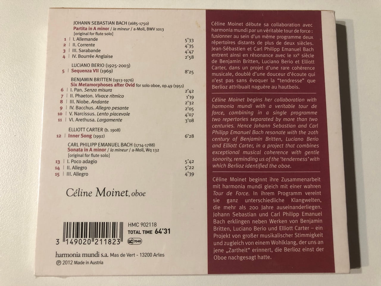 Céline Moinet: Oboe - J.S. & C.P.E. Bach, Berio, Britten/ Harmonia Mundi Audio CD 2012 / HMC 902118