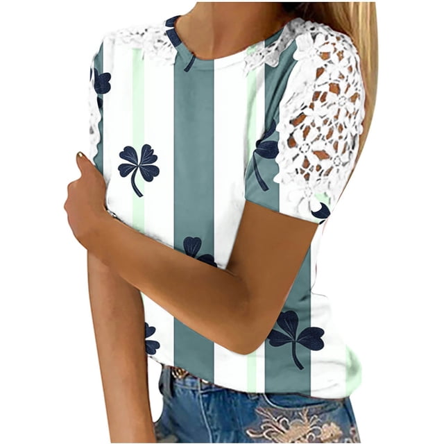 Camisas de Manga Corta para las Mujeres Impresión Cuello Redondo Suéter Encaje Blusa, Top Casual para el Hogar Y Diario