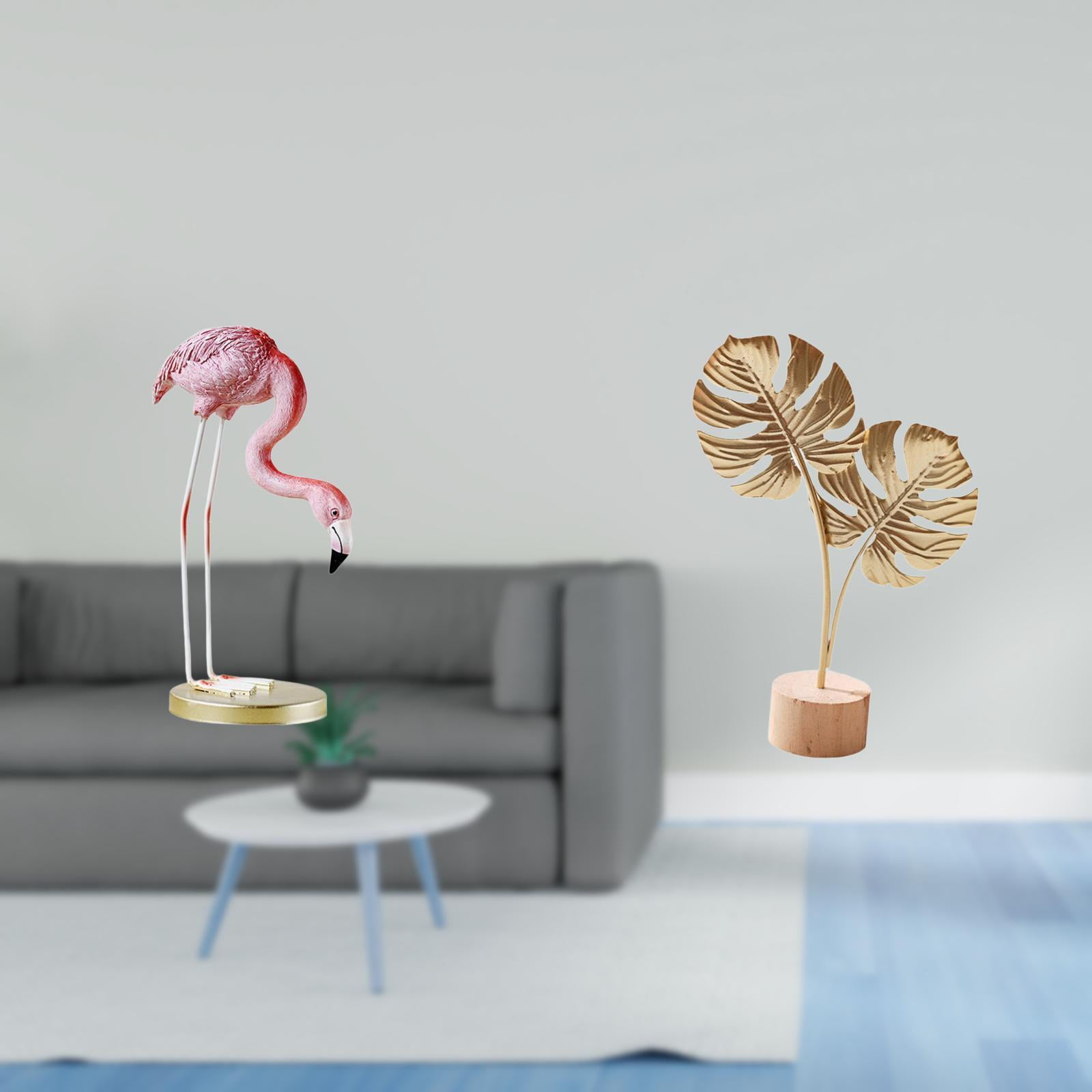 2 Pieces Resin Statue Flamingo Leaf Sculpture Metal Art Unique Modern Home Garden Table Ornament