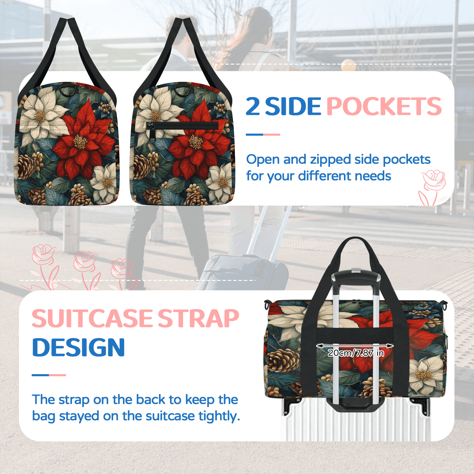 Herdesigns Christmas Flower Leaves Travel Duffle Bag Sports Yoga Weekender Overnight Carry on Workout Bags Lightweight Waterproof Gym Tote Bag for Women Poinsettia Floral