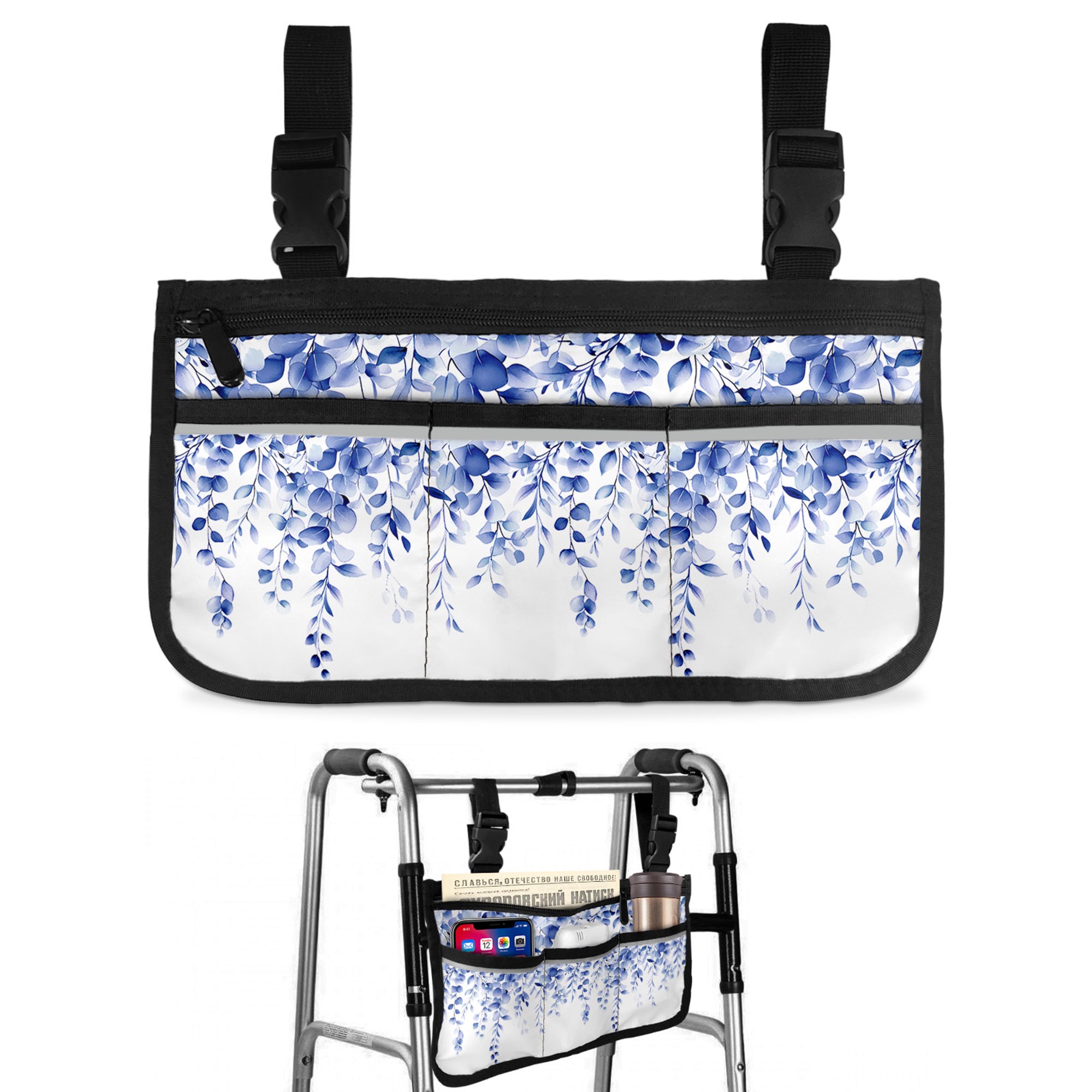 Navy Blue Eucalyptus Leaves Wheelchair Side Bag Walk Bag Basket, Spring Rustic Botanical Wheelchair Accessories Armrest Pouch, Organizer Storage Bags for Walkers, Rollators, Scooters, 7.3"x13"