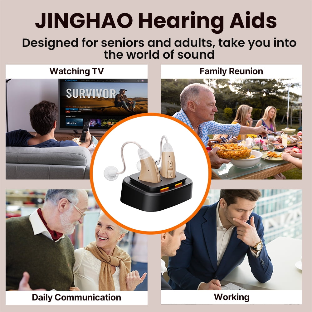 Jinghao Personal Sound Amplifier BTE Product  for Ears for Seniors Adults with Rechargeable Charging Dock Beige
