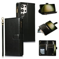 Dteck Wallet Case for Samsung Galaxy S23 Ultra, 9 Card Holder Slots Zipper Pocket Handbag Case Magnetic Closure Kickstand with Wrist Strap TPU Shockproof Flip Case for Samsung S23 Ultra 6.8 Inch,Black