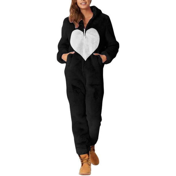 Gibobby pantalones de yoga Pijama de manga larga de lana artificial para mujer, mono holgado con capucha y cremallera de Color sólido informal, pijama informal de invierno cál(Negro, XXL)