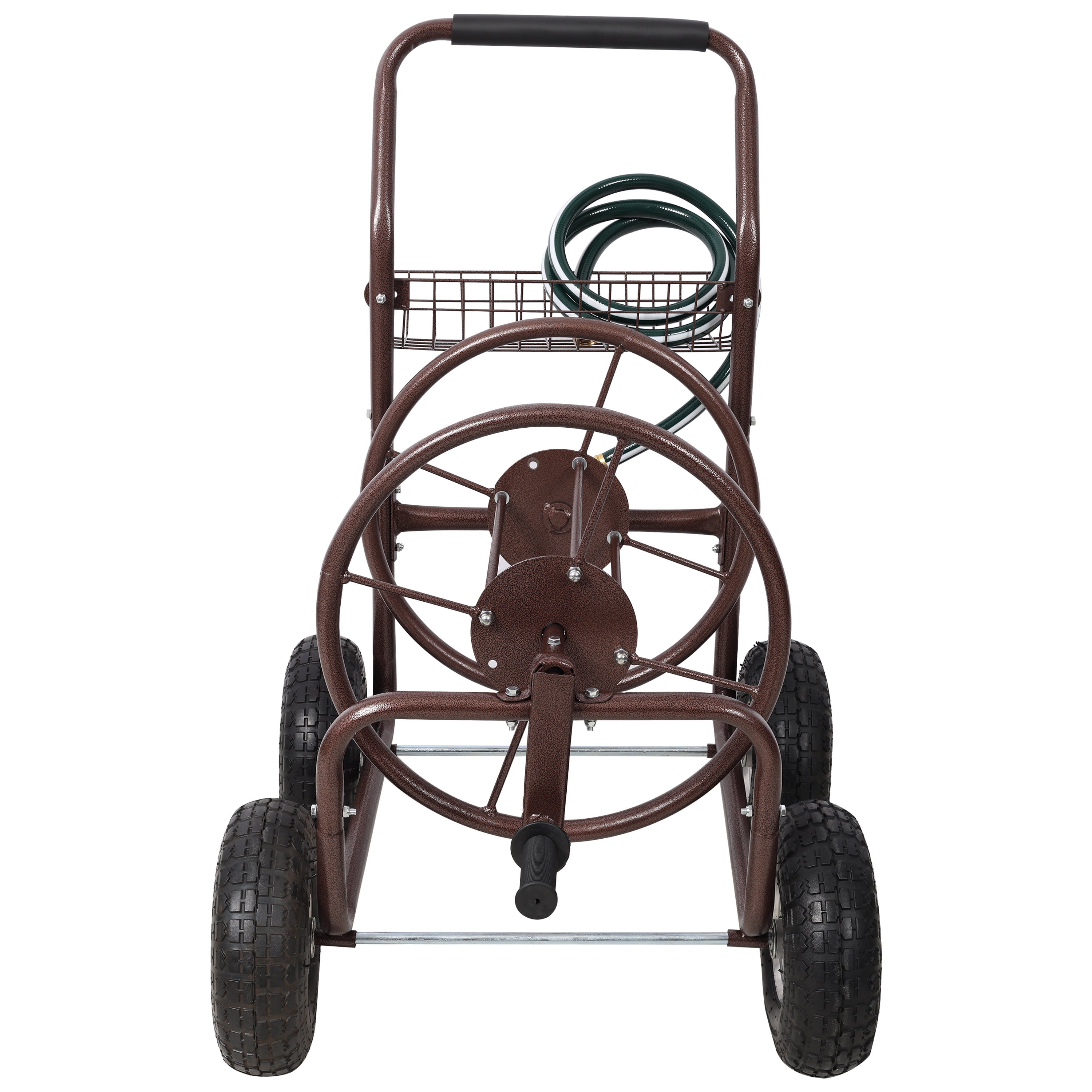 Bronze Steel Hose Reel Cart with Wheels - 31 in Length 250 Ft Capacity for Garden Watering and Storage