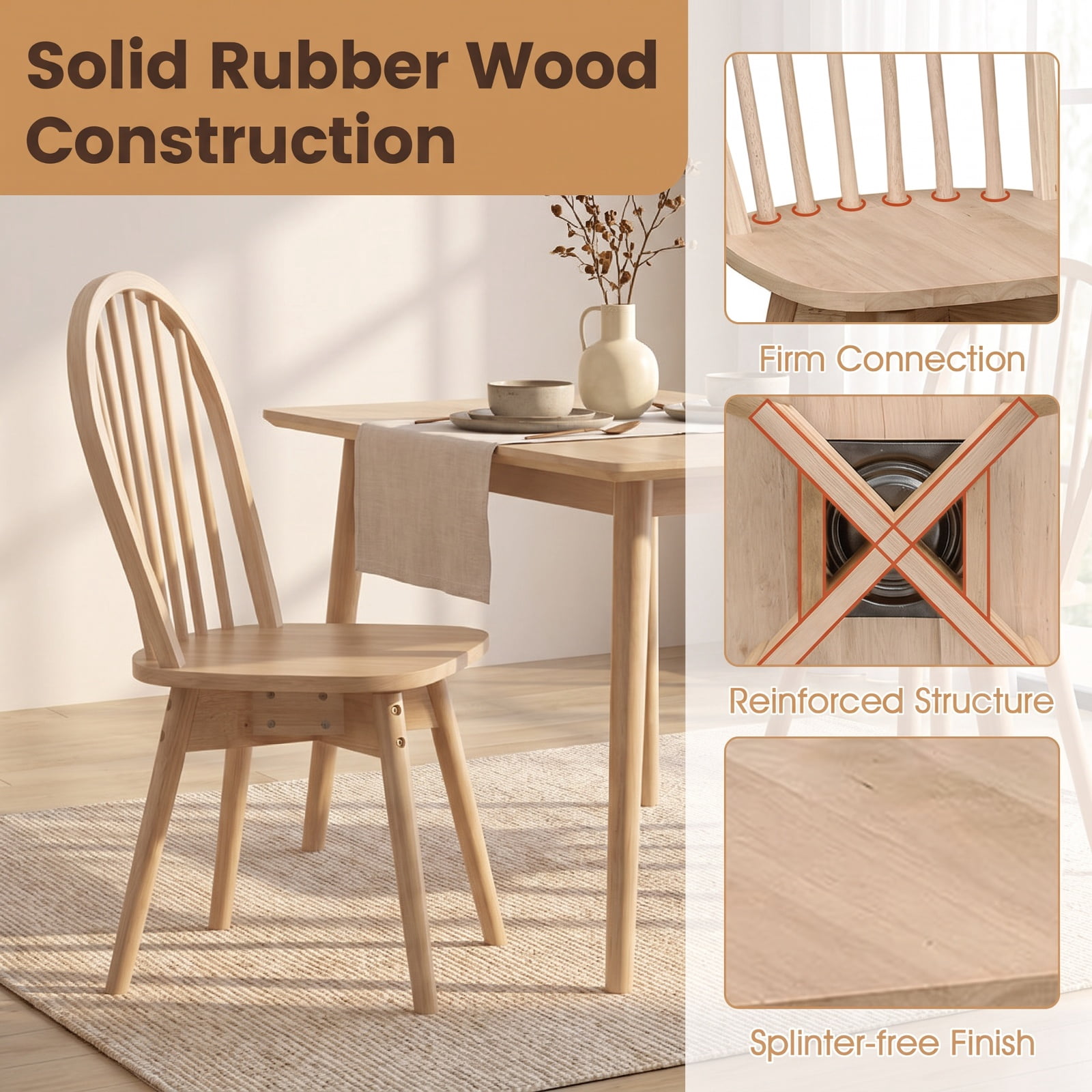 Furnibear Swivel Windsor Dining Chairs Set of 2 with Solid Rubber Wood Frame for Kitchen Dining Room Living Room Home, Natural