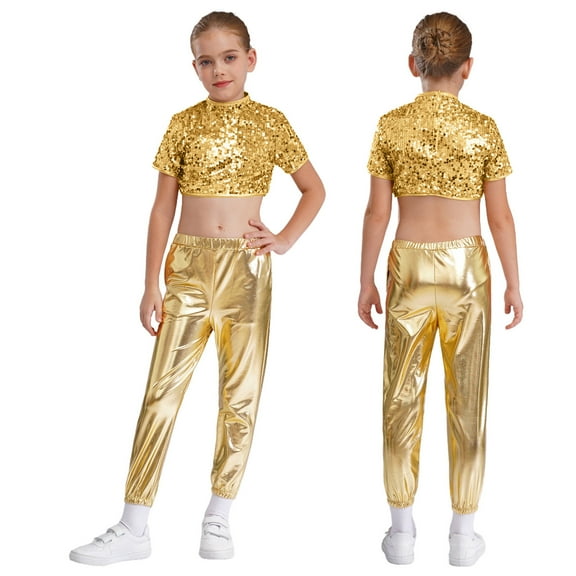iiniim 2 Pcs Girls Hip Hop Sequins Costume Sparkly Short Sleeve Tank Tops with Metallic Leggings Gold 10