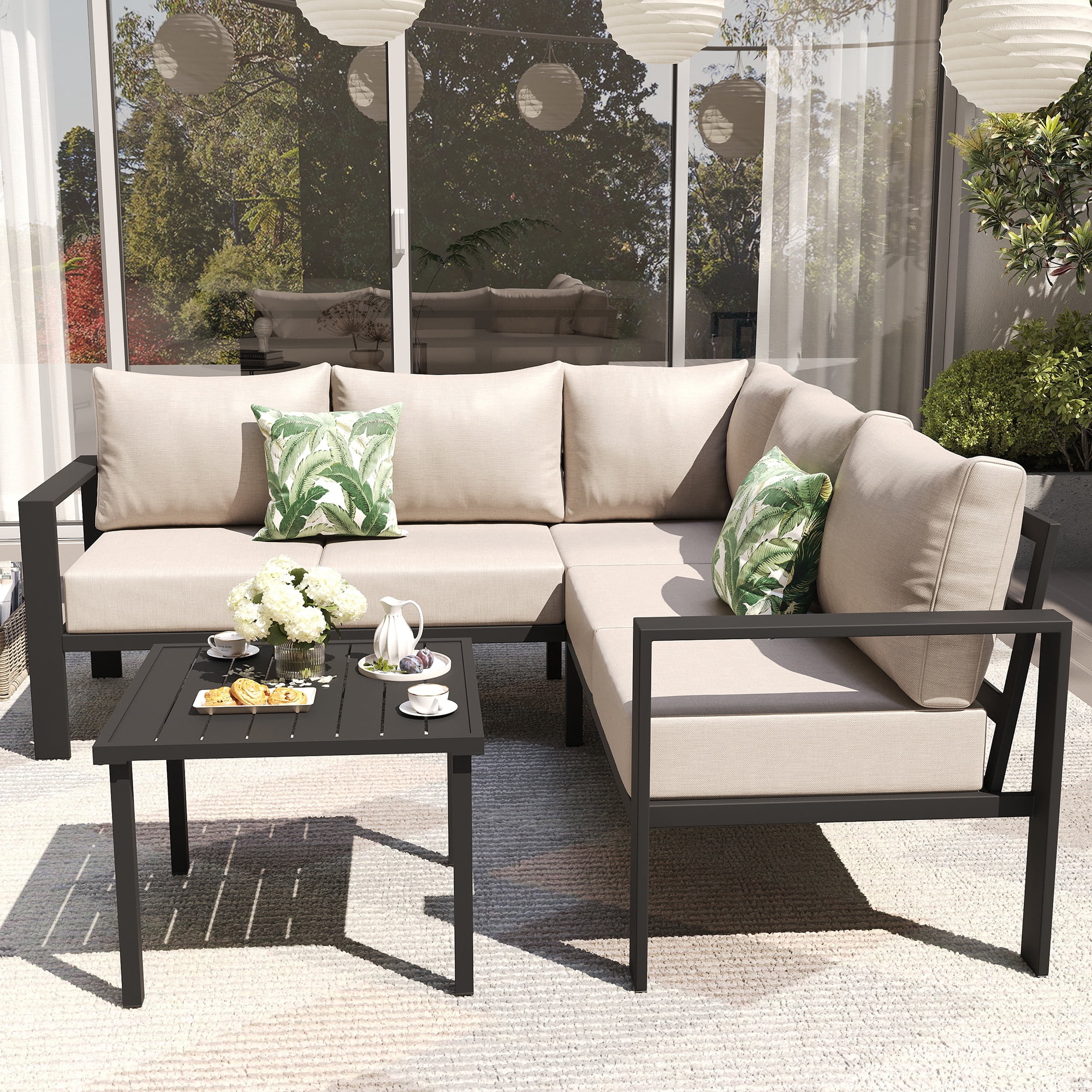ELPOSUN 6 Pieces Patio Furniture Sets with 6" Thick Olefin Cushions, Metal Outdoor Sectional Furniture L Shape Patio Conversation Sets for Garden, Backyard, Black Frame, Beige