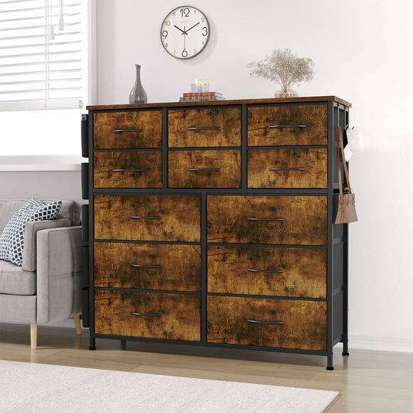 Comoda Cajonera para Recamara, Cómoda Gran Capacidad de 12 Cajones con Parte Superior Madera y Marco De Acero, Mueble Organizador con Bolsillos Laterales y Ganchos para Armarios