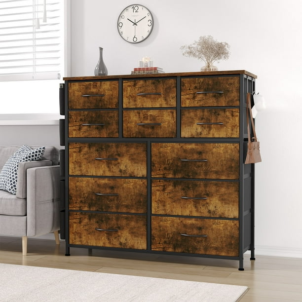 Comoda Cajonera para Recamara, Cómoda Gran Capacidad de 12 Cajones con Parte Superior Madera y Marco De Acero, Mueble Organizador con Bolsillos Laterales y Ganchos para Armarios
