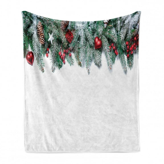 Christmas Soft Flannel Fleece Blanket, Snowy Xmas Branch with Vivid Baubles Stars Berries Cones and Mistletoe Yule Image, Cozy Plush for Indoor and Outdoor Use, 50" x 70", Green Red, by Ambesonne