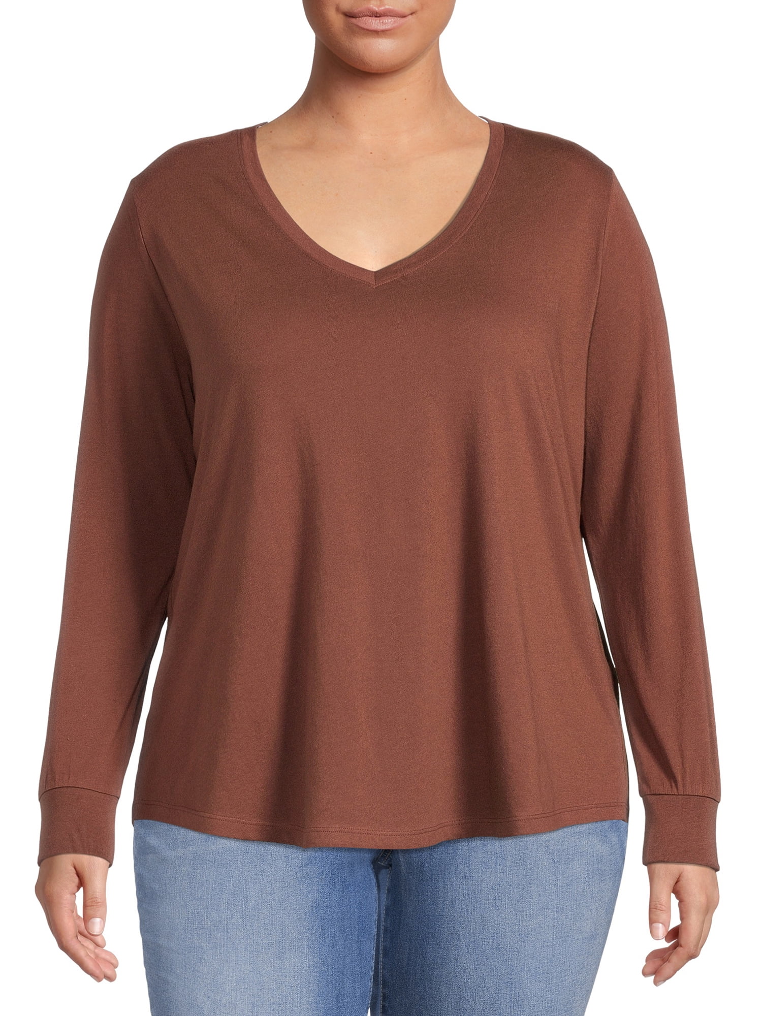 Terra & Sky Women's Plus Size V-Neck Tee with Long Sleeves