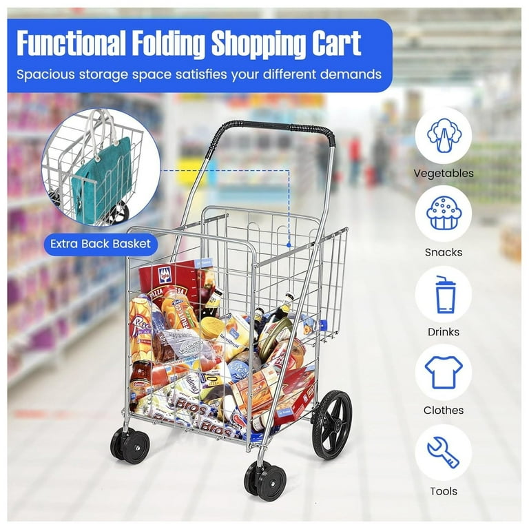 BULYAXIA Folding Shopping Cart Rolling Metal Utility Cart with Additional Back Basket Dual Universal Wheels Heavy Duty Grocery Cart Large Size for Laundry Groceries Camping Silver Walmart