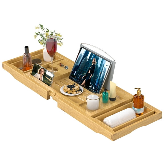 Bamboo Bathtub Tray Caddy, Expandable Bath Trays for Tub,Shelf & Table with Wine Glass Holder,Bathroom Accessories for New Home & Mothers Day & Birthday Gifts for Mom