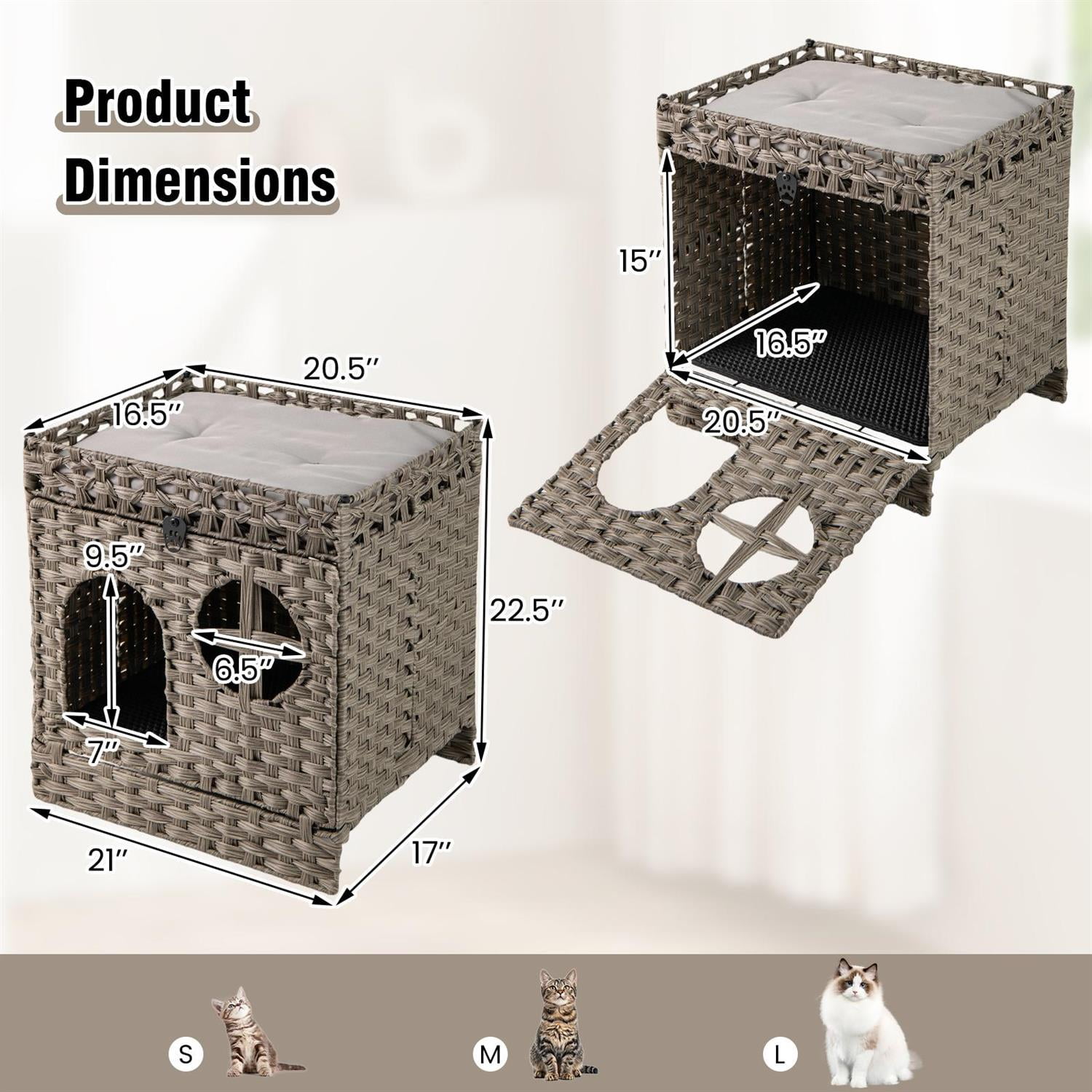 Pefilos Foldable 2-Tier Rattan Cat Litter Box Enclosure, Litter Mat & Top Perch, Tool-Free Assembly, Grey