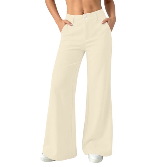 cocolona Womens Solid Color Business Casual Pants Button Zipper Waist Straight Wide Leg Commute Pants with Pockets
