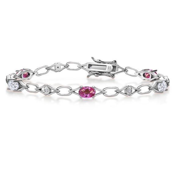 Gem Stone King 925 Sterling Silver Pink Mystic Topaz and White Moissanite and Round White Lab Grown Diamond Tennis Bracelet for Women (3.04 Cttw, Gemstone Birthstone, Oval 6X4MM, 7.25 inches)