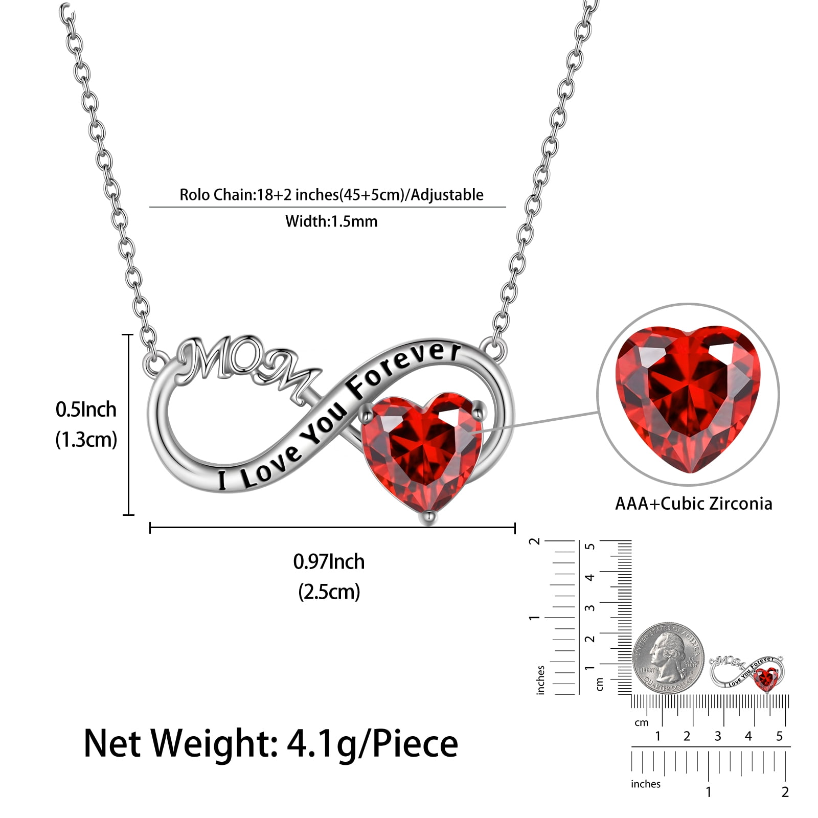 Juwaliy Infinity Heart Necklace for Mom January Birthstone Necklace Garnet Red Pendant 925 Sterling Silver Jewelry Women Birthday Mother's Day Gifts