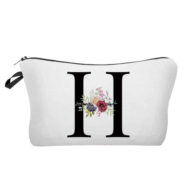 Yhmxh Bolsa de maquillaje con letras y flores, bolsa de cosméticos con letras y alfabeto, bolsa de maquillaje con iniciales, regalo de cumpleaños para mujeres, mamás, amigas, novias, damas de honor.