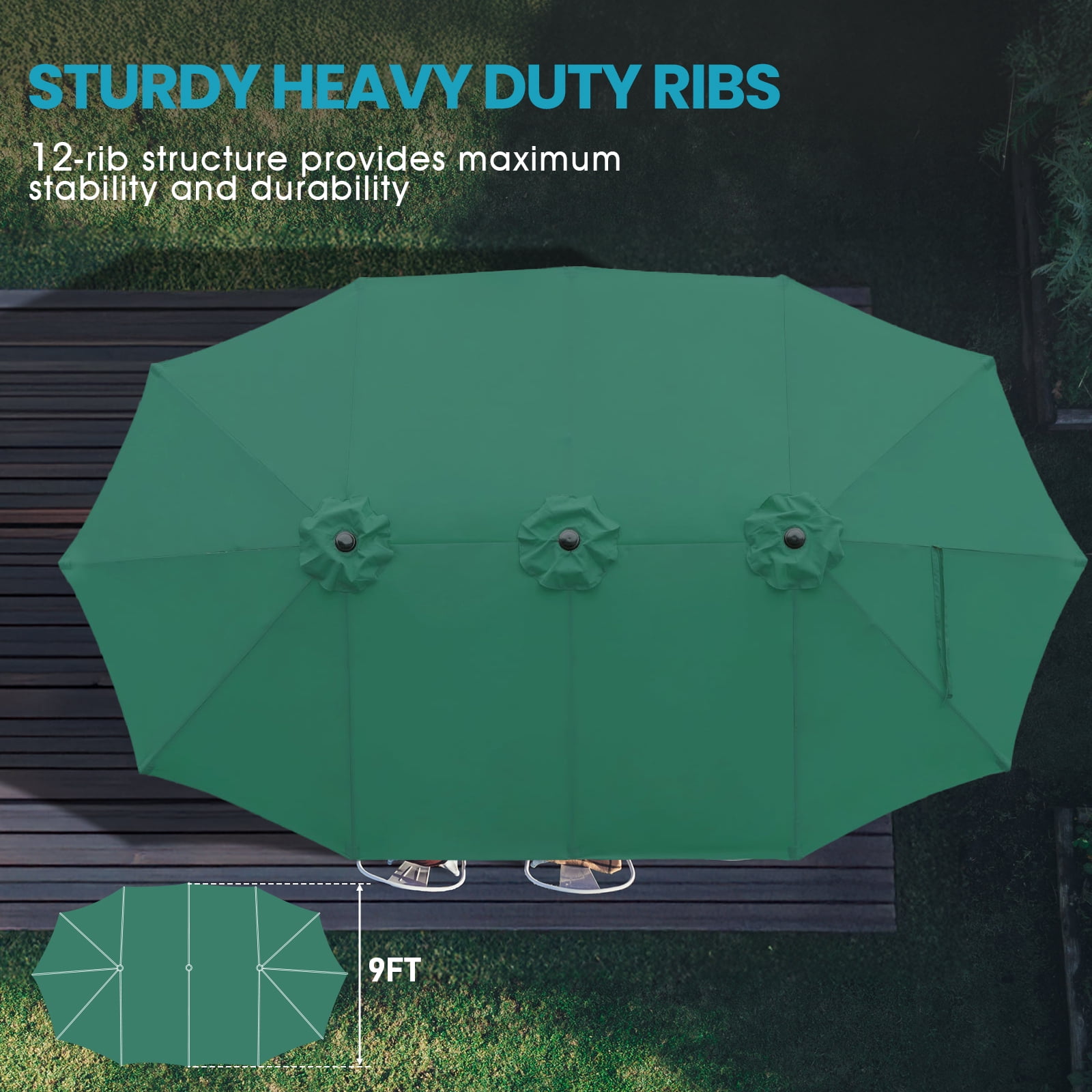 Aoodor 15ft Large Patio Umbrella with Base Stand, Outdoor Double-Sided Rectangle Umbrella - Green