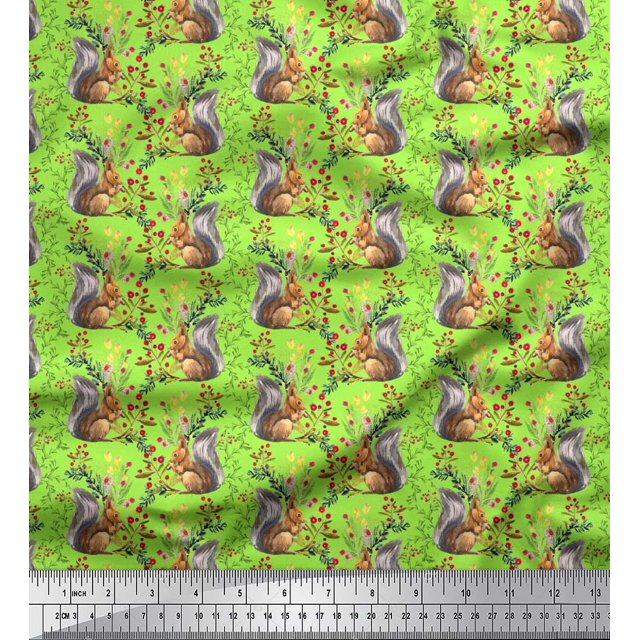 Soimoi Poly Georgette Fabric Leaves,Floral & Squirrel Animal Print Fabric by Yard 42 Inch Wide