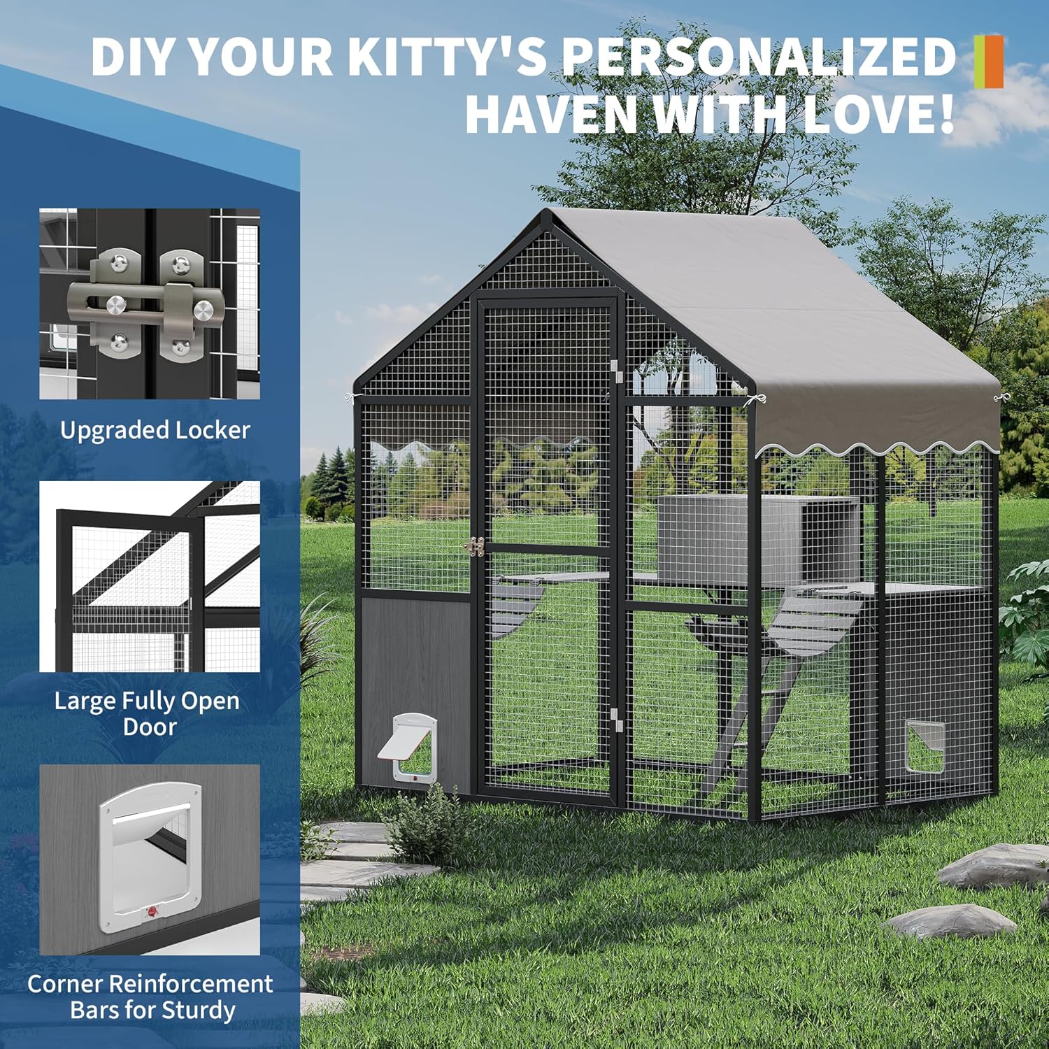 Large Outdoor Cat Enclosure,Aluminum Walk-In Wooden Outside Cattery Cat Run  with Weatherproof Roof with Channels, Side Door, UV Proof Cover, Idea for Multiple Cats