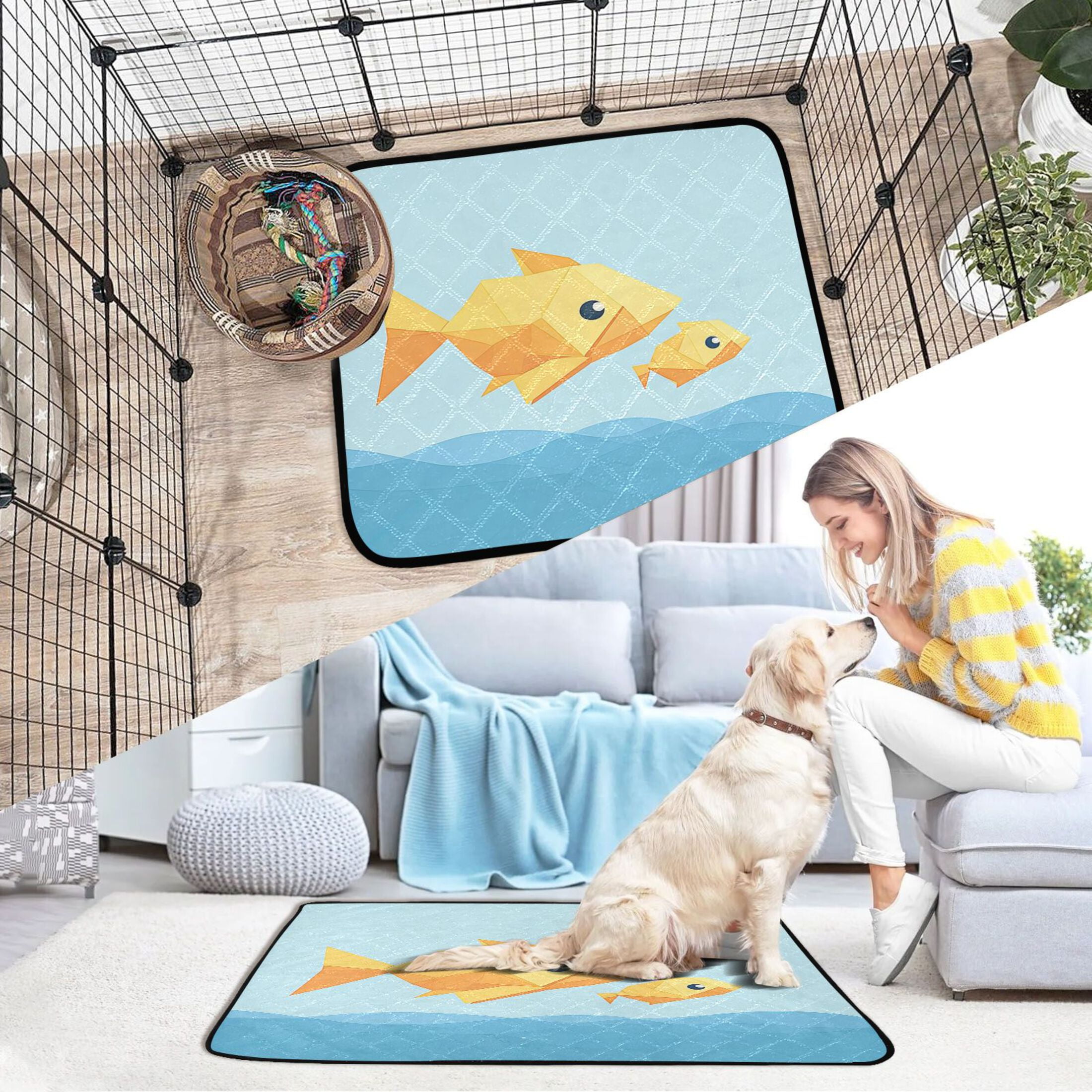 Washable Pet Pee Pads with Super Absorbent Reusable Training Pads for Dogs & Cats Simple Origami Fish