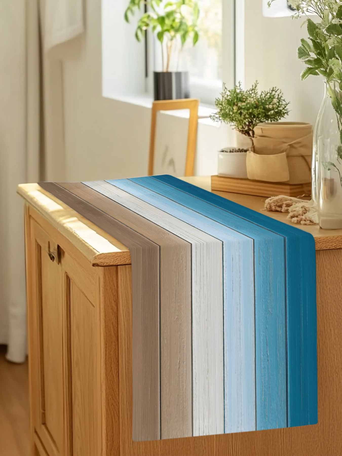 Watercolor Blue Gradient Wood Board Table Runner 90 Inches Long, Farm Brown Wooden Table Runners Tabletop Scarf Kitchen Dining Tables Decoration for Home Party Indoor Outdoor