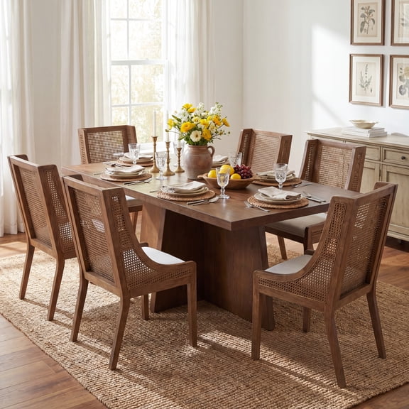 Christopher Knight Home 7-Piece Farmhouse Dining Set, Rectangle Table and Cane Back Chairs, Walnut
