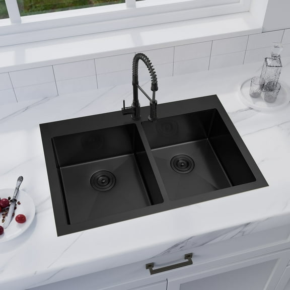 Milosen Black Kitchen Sink,33 X 22 inch Drop in Kitchen Sink,Double Bowl Kitchen Sinks,Black Stainless Steel Double Sink